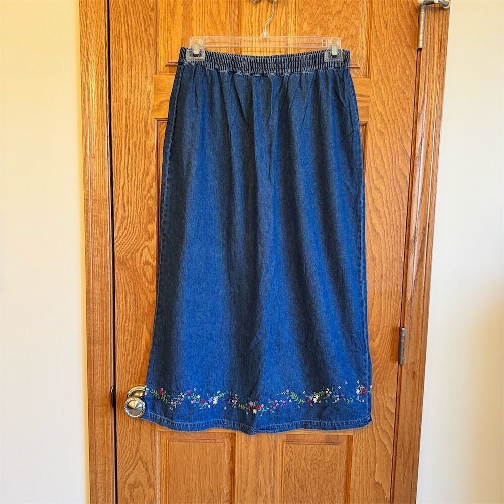 Quacker Factory Women's L Denim Maxi Skirt Floral Embroidery Vintage